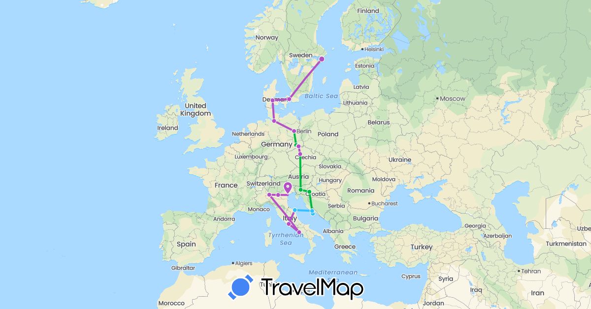 TravelMap itinerary: driving, bus, train, boat in Czech Republic, Germany, Denmark, Croatia, Italy, Sweden, Slovenia (Europe)