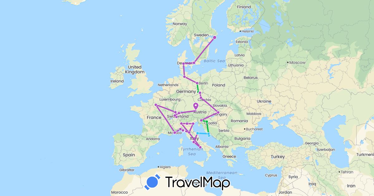 TravelMap itinerary: driving, bus, train, boat in Austria, Switzerland, Czech Republic, Germany, Denmark, France, Croatia, Hungary, Italy, Monaco, Sweden, Slovenia (Europe)